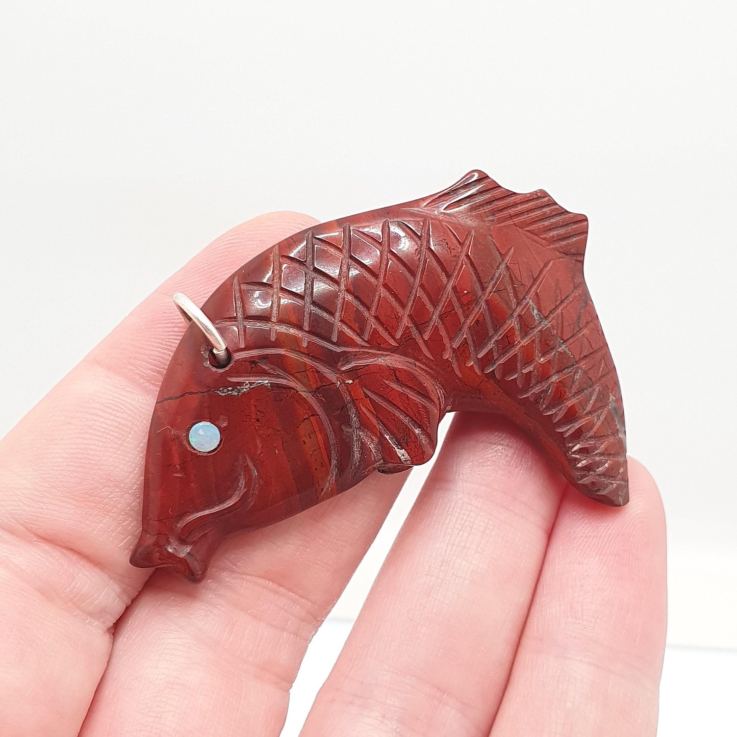 Vintage Red Jasper Koi Carp Fish Pendant Opal Eyes Necklace Chinese Gemstone Handmade Sea Animal Mens Womens Jewelry Jewellery