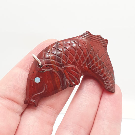 Vintage Red Jasper Koi Carp Fish Pendant Opal Eyes Necklace Chinese Gemstone Handmade Sea Animal Mens Womens Jewelry Jewellery
