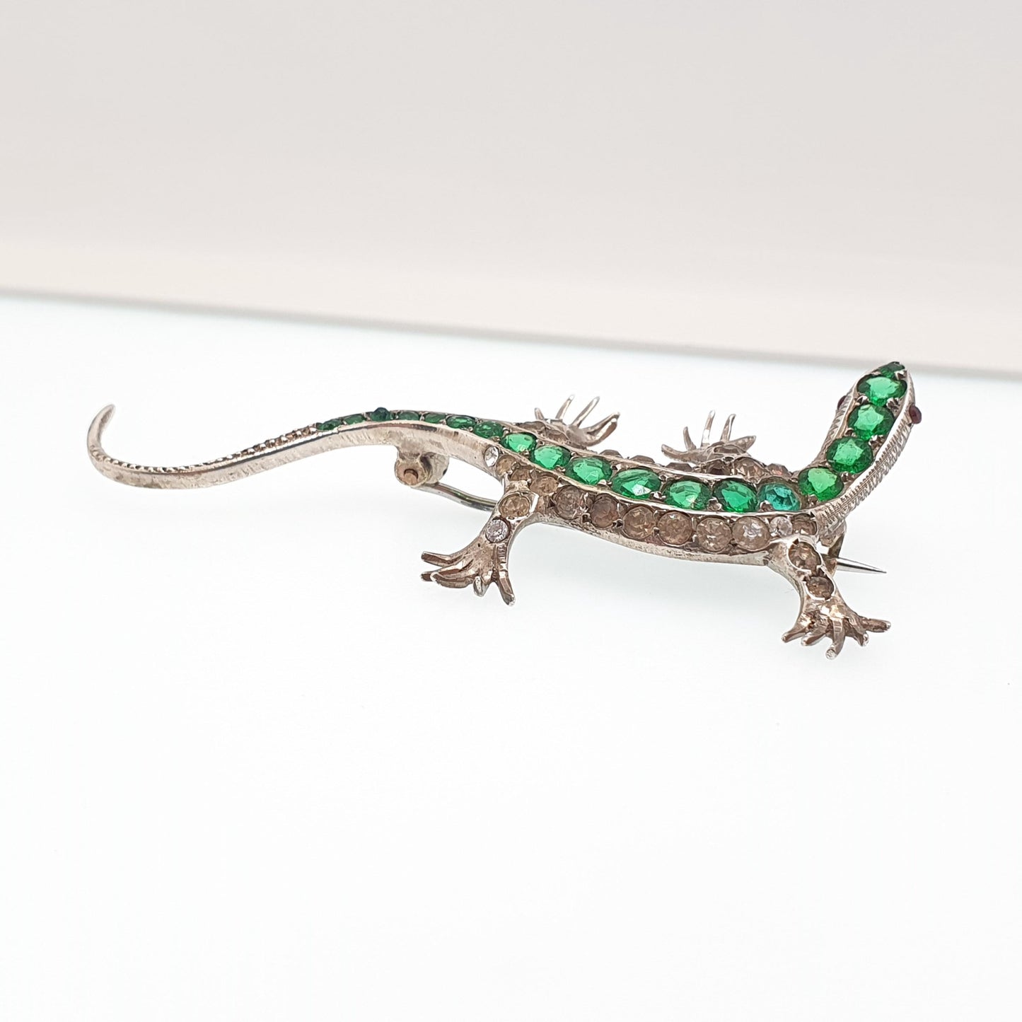 Antique Solid Silver Emerald & Diamond Paste Lizard Brooch Victorian Reptile Animal Gecko Vintage Jewelry Jewellery