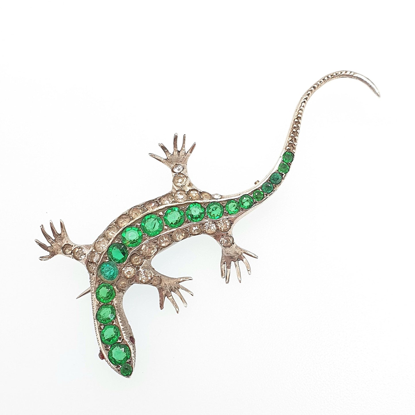 Antique Solid Silver Emerald & Diamond Paste Lizard Brooch Victorian Reptile Animal Gecko Vintage Jewelry Jewellery