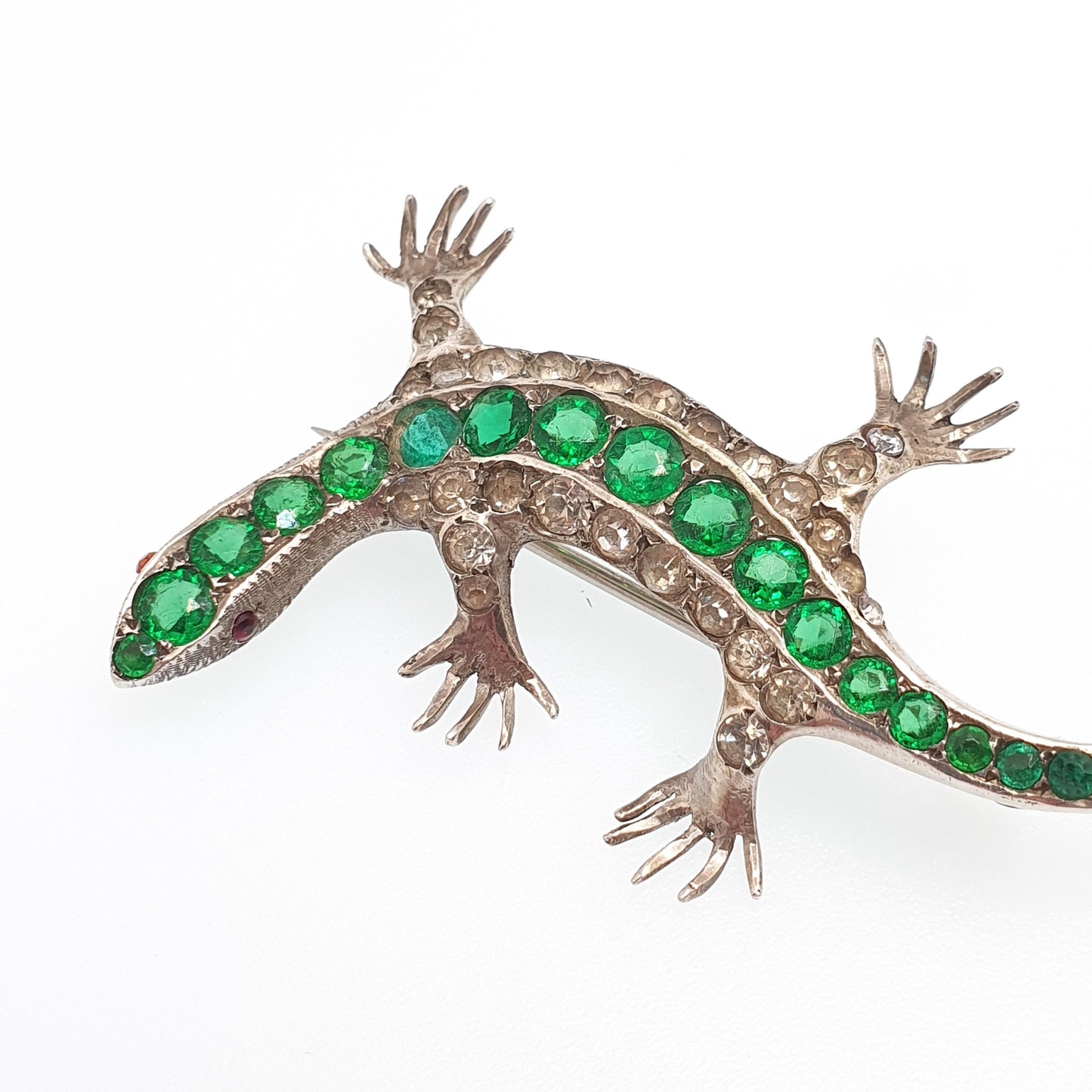 Antique Solid Silver Emerald & Diamond Paste Lizard Brooch Victorian Reptile Animal Gecko Vintage Jewelry Jewellery