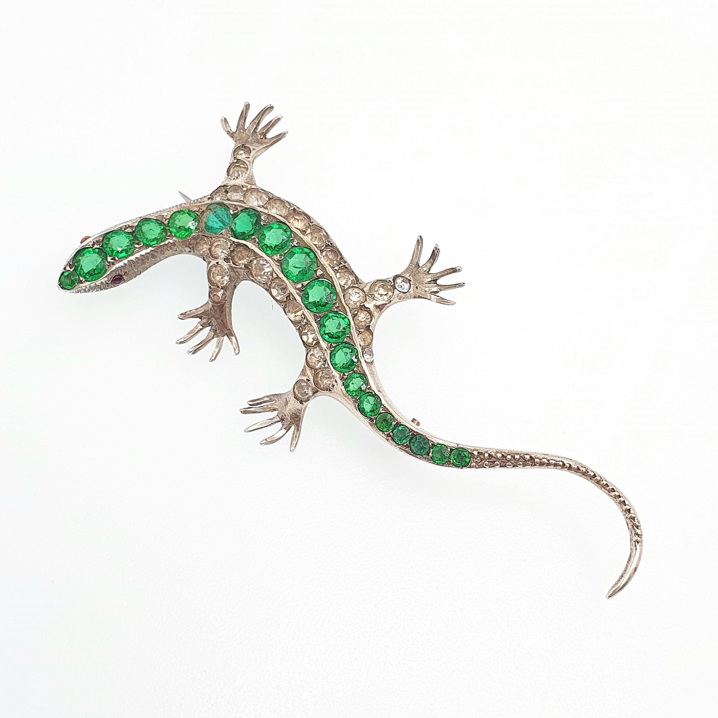 Antique Solid Silver Emerald & Diamond Paste Lizard Brooch Victorian Reptile Animal Gecko Vintage Jewelry Jewellery