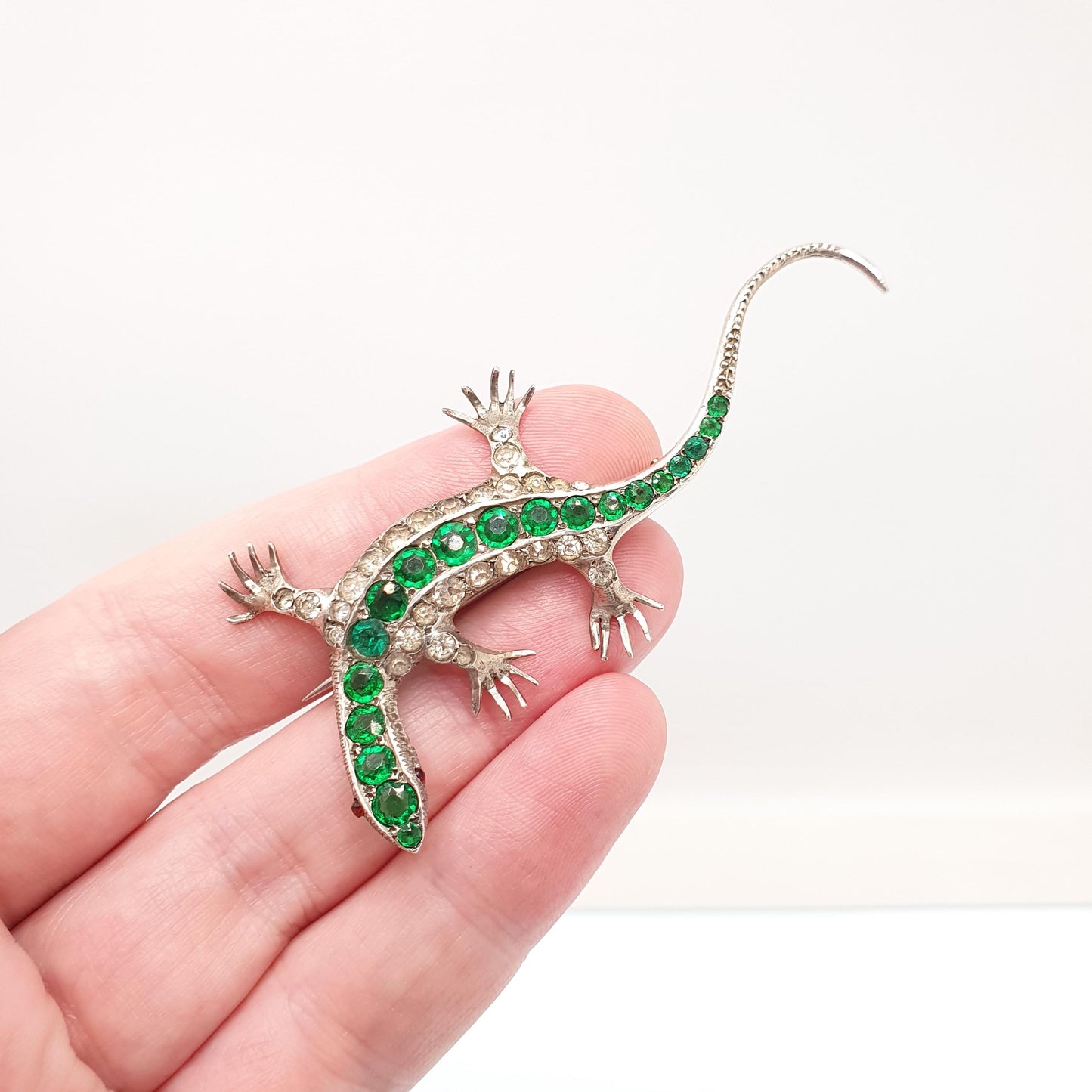 Antique Solid Silver Emerald & Diamond Paste Lizard Brooch Victorian Reptile Animal Gecko Vintage Jewelry Jewellery