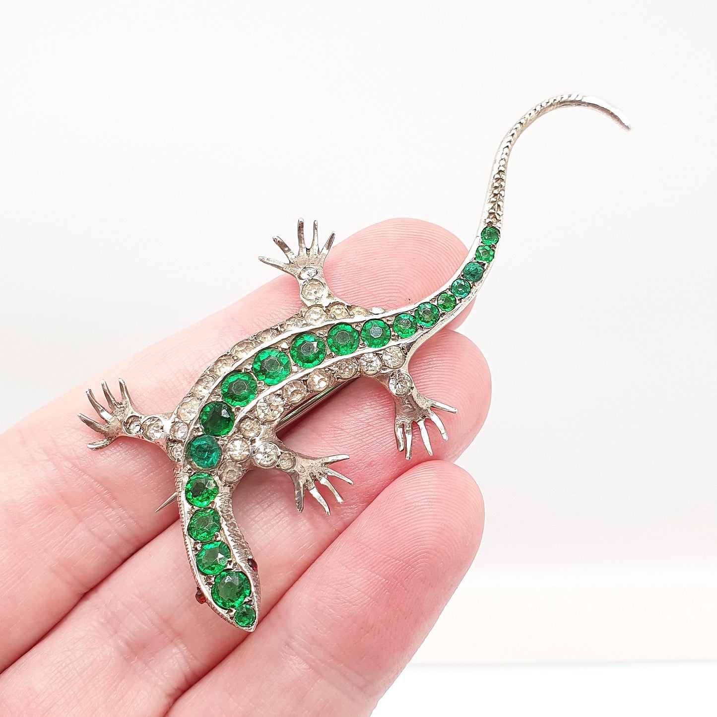 Antique Solid Silver Emerald & Diamond Paste Lizard Brooch Victorian Reptile Animal Gecko Vintage Jewelry Jewellery