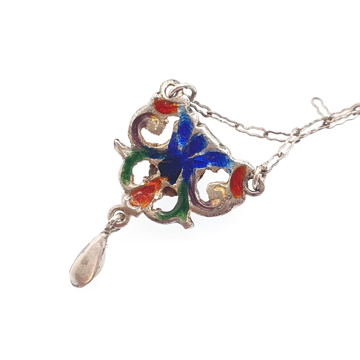 Antique Austro Hungarian Solid Silver Pendant  Amethyst Paste Necklace Enamel Mother of Pearl Staple Link Chain Victorian Jewelry Jewellery
