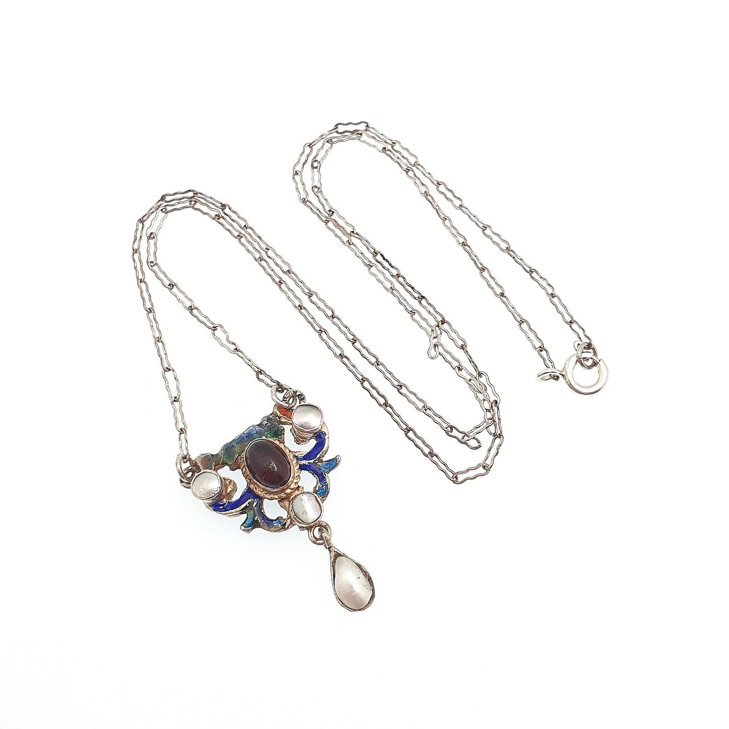 Antique Austro Hungarian Solid Silver Pendant  Amethyst Paste Necklace Enamel Mother of Pearl Staple Link Chain Victorian Jewelry Jewellery