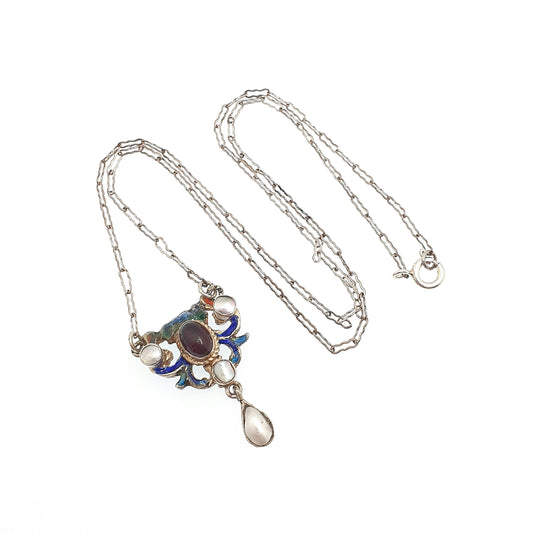 Antique Austro Hungarian Solid Silver Pendant  Amethyst Paste Necklace Enamel Mother of Pearl Staple Link Chain Victorian Jewelry Jewellery