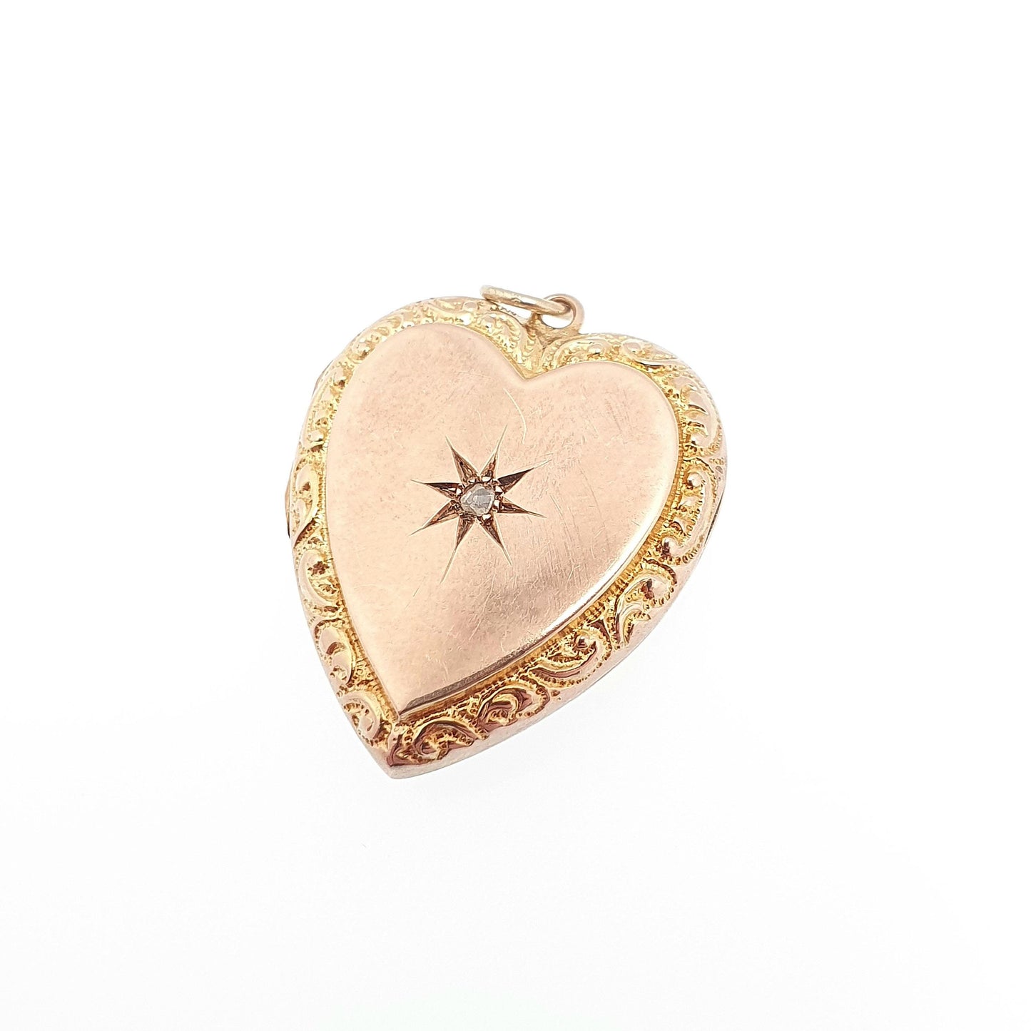 Antique Diamond Heart Locket 9ct 9k Gold Back and Front Pendant Star Engraved Necklace Jewelry Womens Jewellery