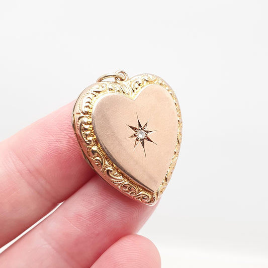 Antique Diamond Heart Locket 9ct 9k Gold Back and Front Pendant Star Engraved Necklace Jewelry Womens Jewellery