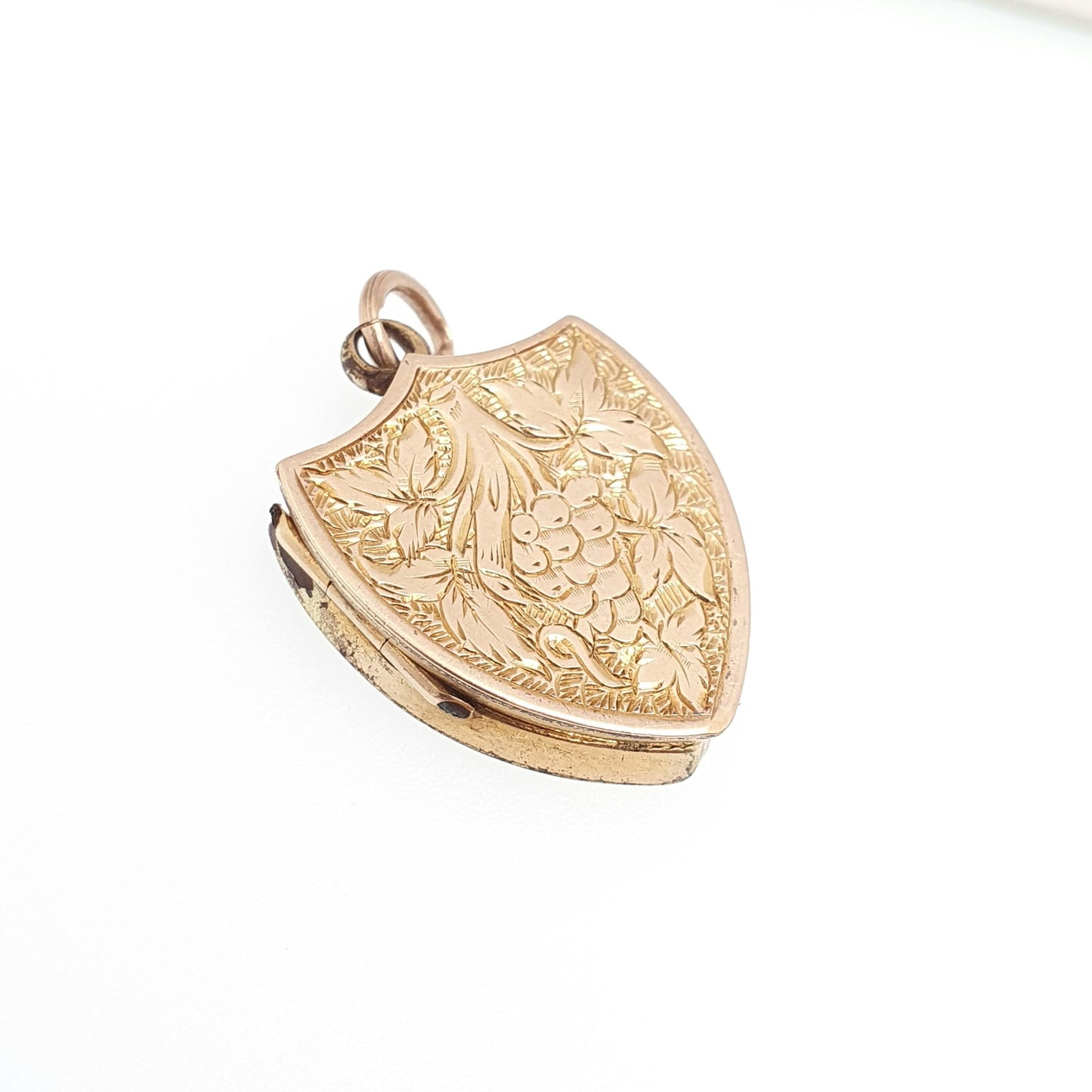 Antique Victorian 9ct Gold Shield Locket 9kt 9k Back and Front Grape Engraved Pendant Picture Photo Vintage