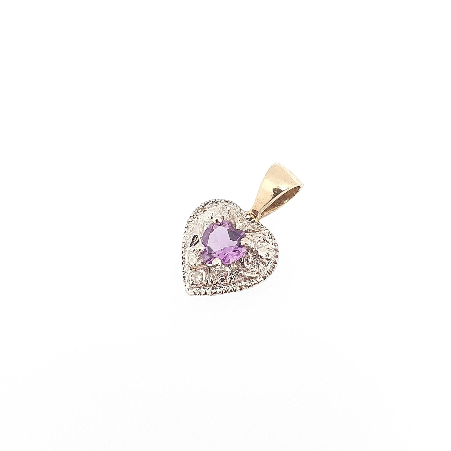 Vintage 9ct Solid Gold Diamond Amethyst Pendant Heart Necklace Tiny Cute Solid 375 Retro Gemstone Carat Womens Ladies Jewellery Jewelry