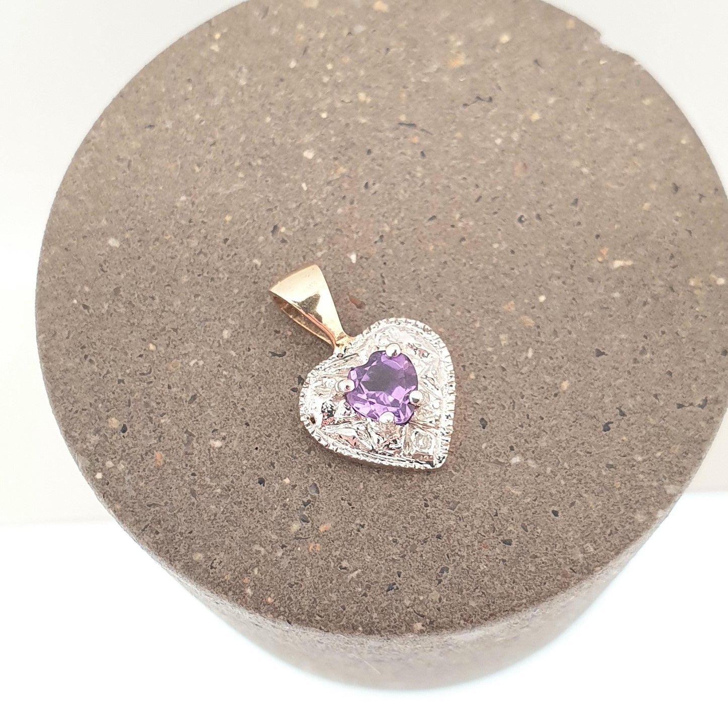 Vintage 9ct Solid Gold Diamond Amethyst Pendant Heart Necklace Tiny Cute Solid 375 Retro Gemstone Carat Womens Ladies Jewellery Jewelry
