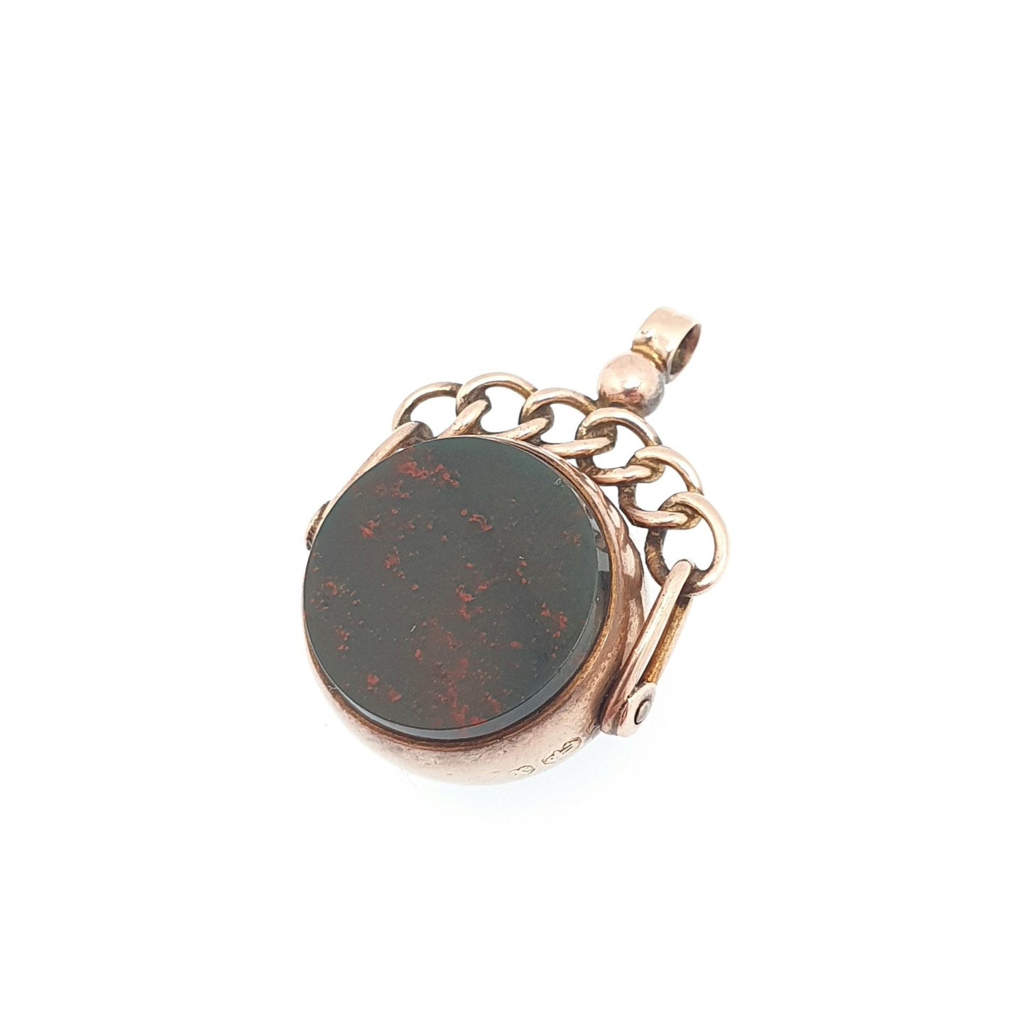 Antique 9ct 9k Rose Gold Bloodstone Spinner Fob Pendant Victorian Round 1897 Hallmark Carnelian Necklace Albert Vintage