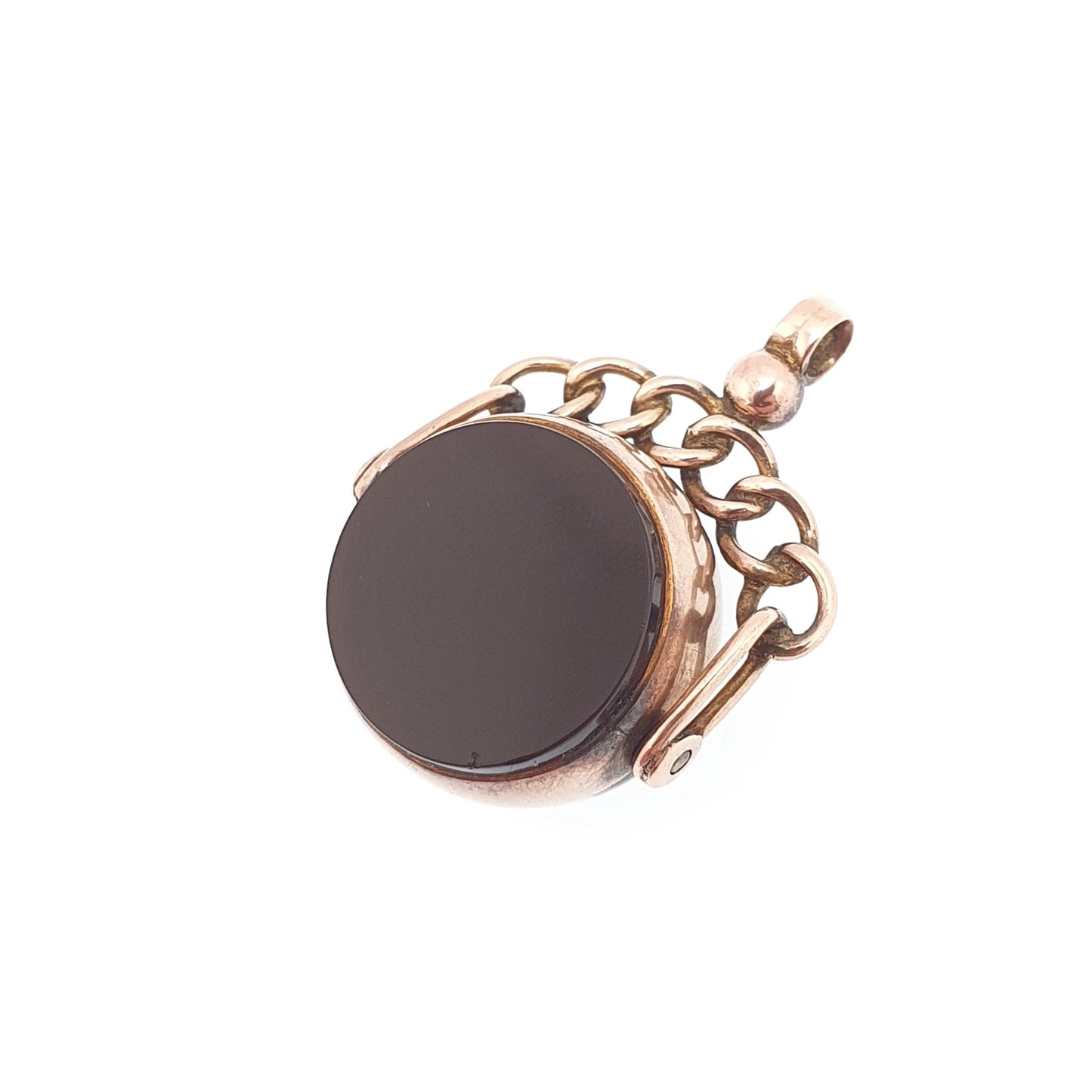 Antique 9ct 9k Rose Gold Bloodstone Spinner Fob Pendant Victorian Round 1897 Hallmark Carnelian Necklace Albert Vintage