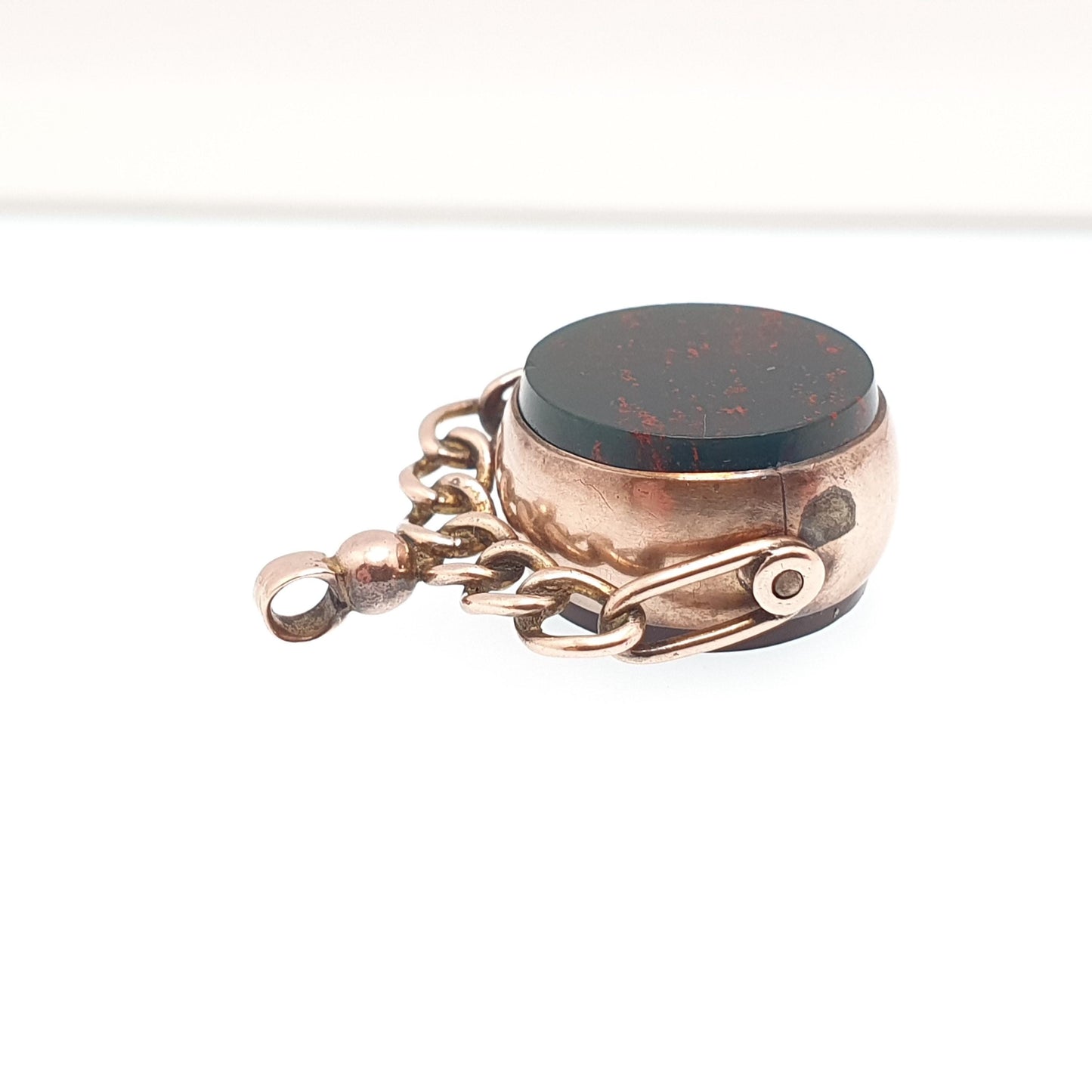 Antique 9ct 9k Rose Gold Bloodstone Spinner Fob Pendant Victorian Round 1897 Hallmark Carnelian Necklace Albert Vintage