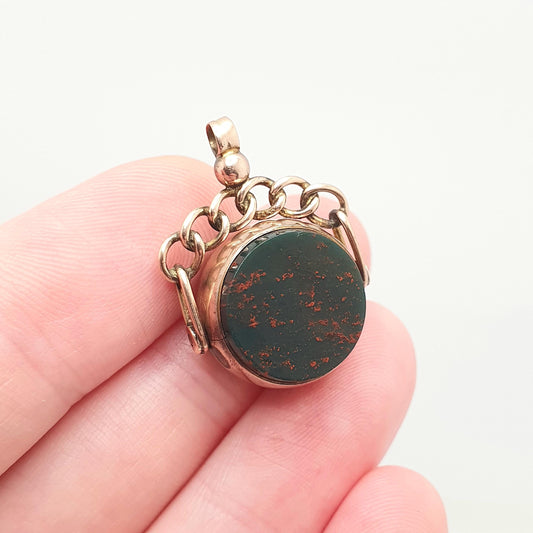 Antique 9ct 9k Rose Gold Bloodstone Spinner Fob Pendant Victorian Round 1897 Hallmark Carnelian Necklace Albert Vintage