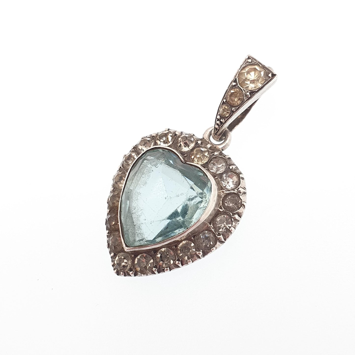 Antique Victorian Solid Silver Heart Pendant Aquamarine Paste Necklace Puffer Love Sparkly Vintage Jewellery Jewelry