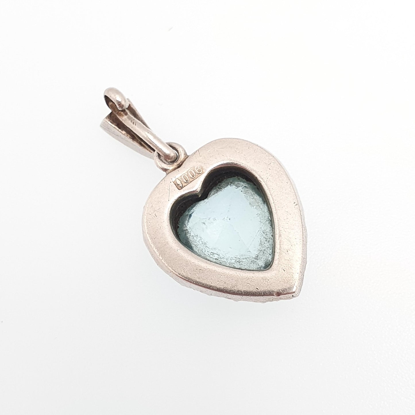 Antique Victorian Solid Silver Heart Pendant Aquamarine Paste Necklace Puffer Love Sparkly Vintage Jewellery Jewelry