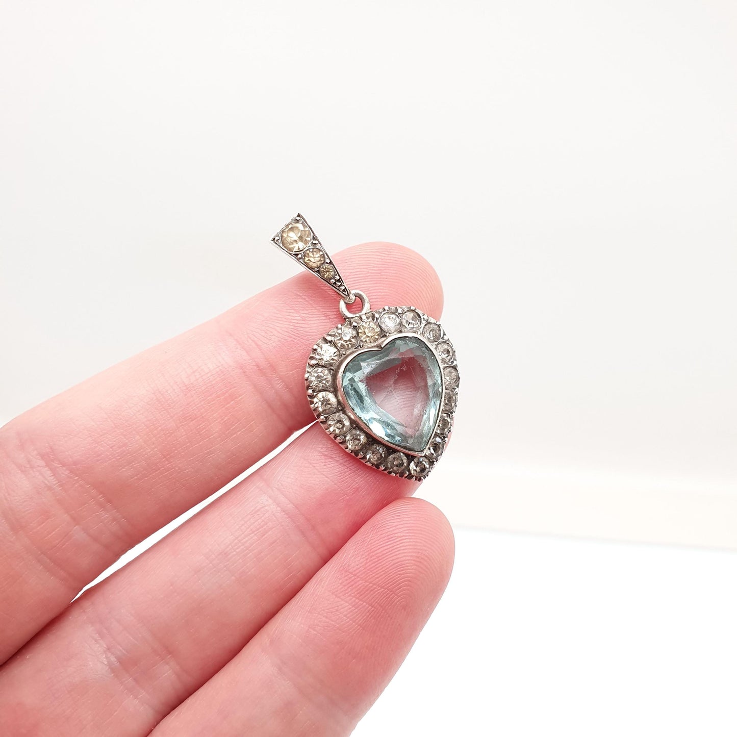 Antique Victorian Solid Silver Heart Pendant Aquamarine Paste Necklace Puffer Love Sparkly Vintage Jewellery Jewelry