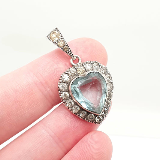 Antique Victorian Solid Silver Heart Pendant Aquamarine Paste Necklace Puffer Love Sparkly Vintage Jewellery Jewelry