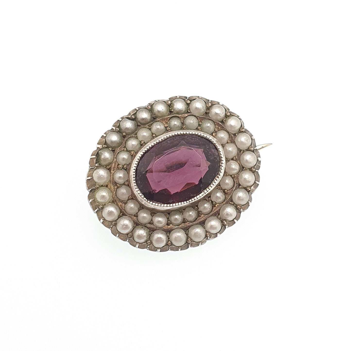 Antique Solid Silver Amethyst Paste Brooch Victorian Seed Pearl Oval 1800s Vintage Womens Jewelry Jewellery