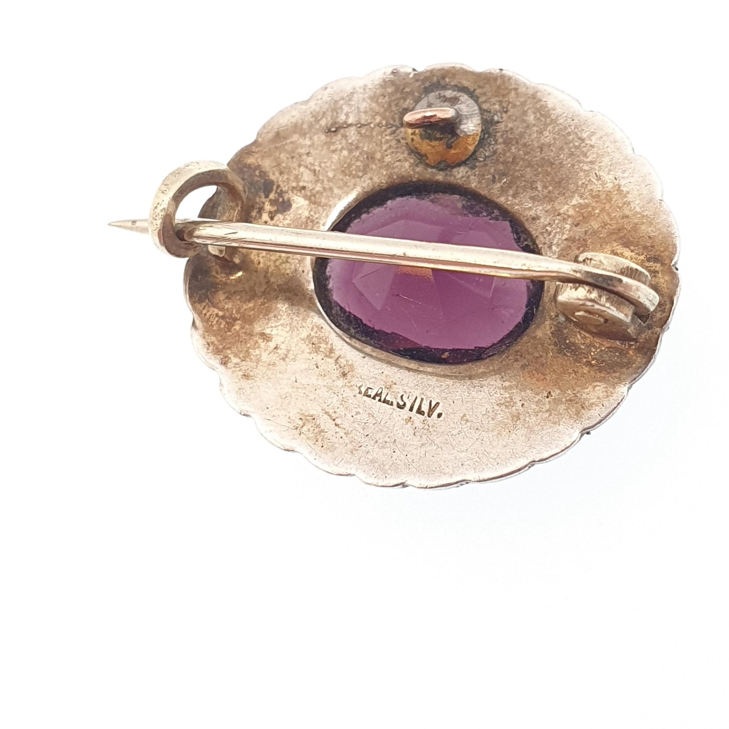 Antique Solid Silver Amethyst Paste Brooch Victorian Seed Pearl Oval 1800s Vintage Womens Jewelry Jewellery