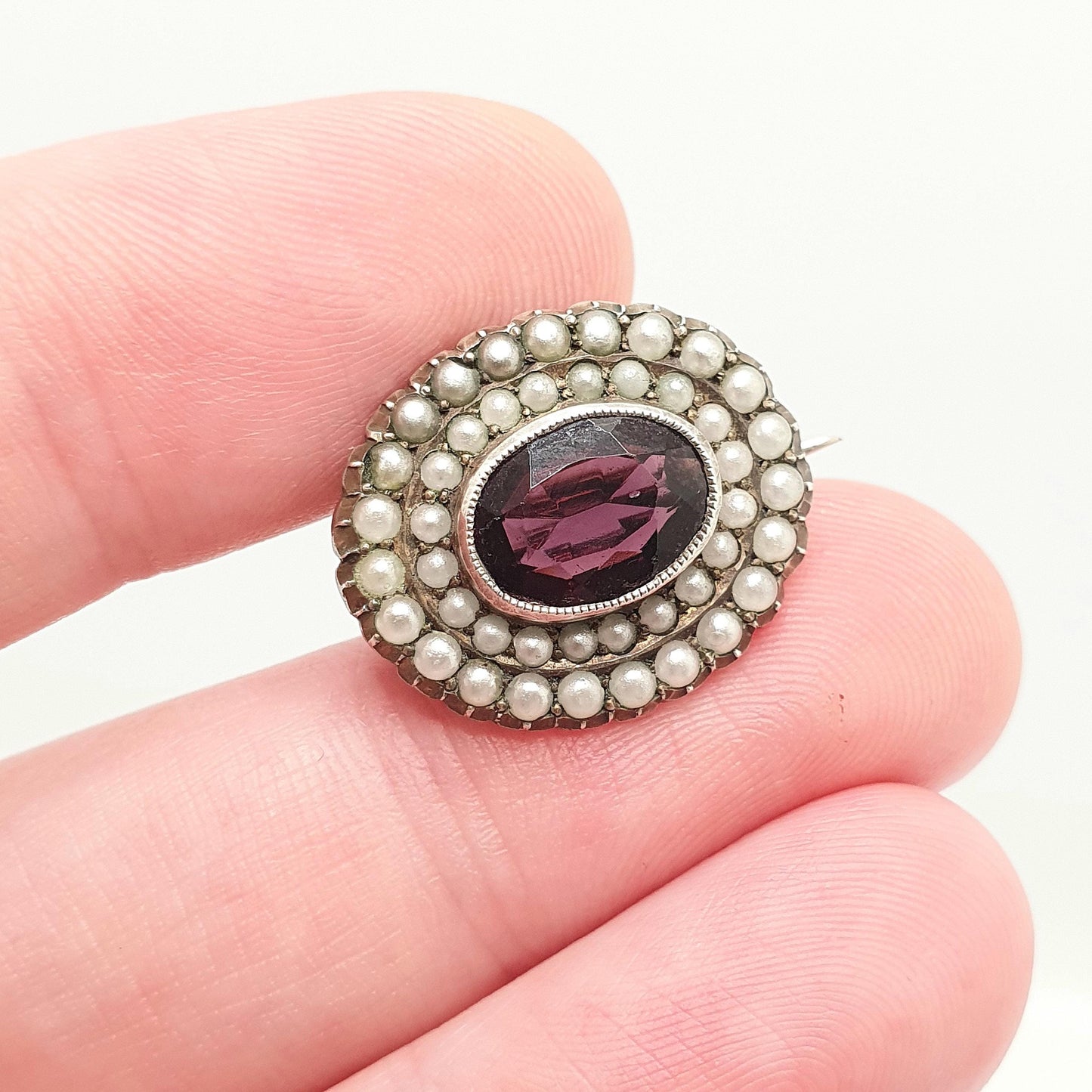 Antique Solid Silver Amethyst Paste Brooch Victorian Seed Pearl Oval 1800s Vintage Womens Jewelry Jewellery