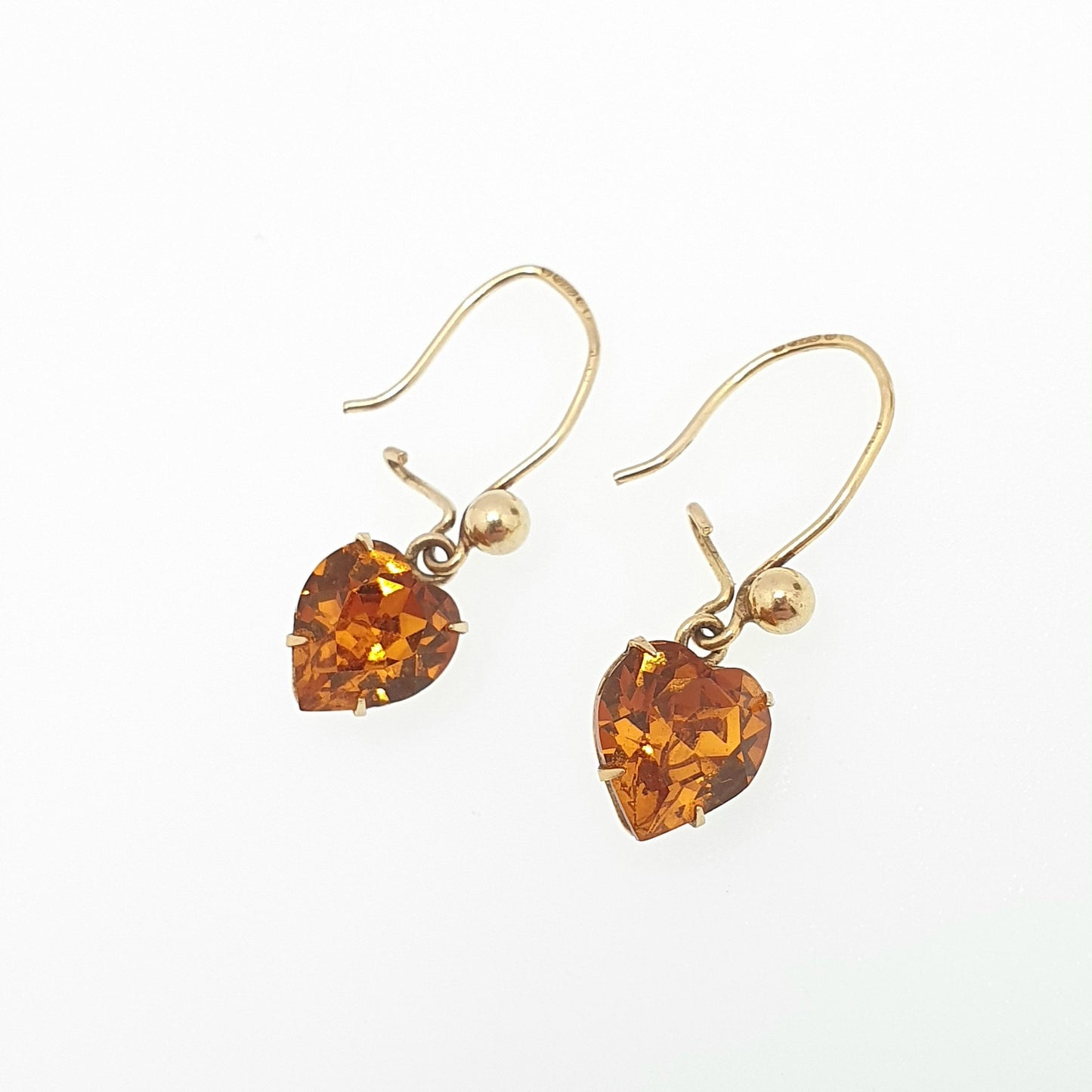Vintage 9ct Gold Citrine Paste Heart Earrings Hook Drop Dangle  Solid 9k 9kt Orange Glass Hallmark Yellow Womens Jewellery Jewelry