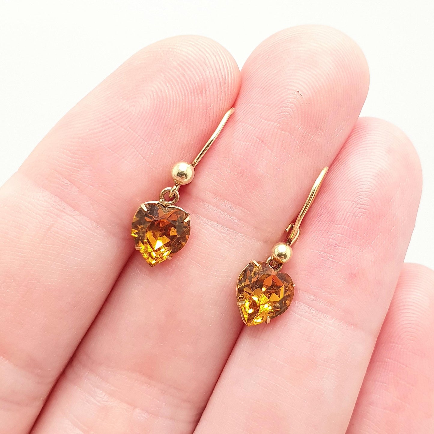 Vintage 9ct Gold Citrine Paste Heart Earrings Hook Drop Dangle  Solid 9k 9kt Orange Glass Hallmark Yellow Womens Jewellery Jewelry