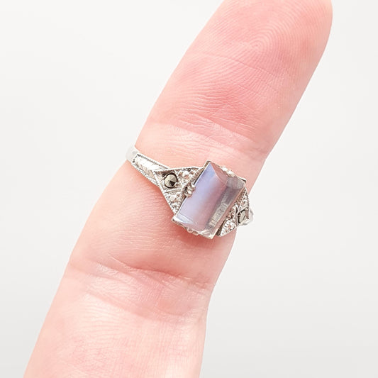Antique Solid Silver Moonstone Ring Art Deco Genuine Real Gemstone Marcasite Rectangular Vintage 1920s Womens Jewelry
