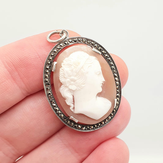 Antique Solid Silver Cameo Necklace Pendant Lady French Marcasite Art Deco Shell Hand Carved Genuine Vintage