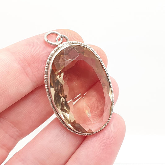 Antique Smoky Quartz Solid Silver Pendant Necklace Art Deco Huge Large Big Dark Brown Gemstone Genuine Vintage Womens Jewelry Jewellery