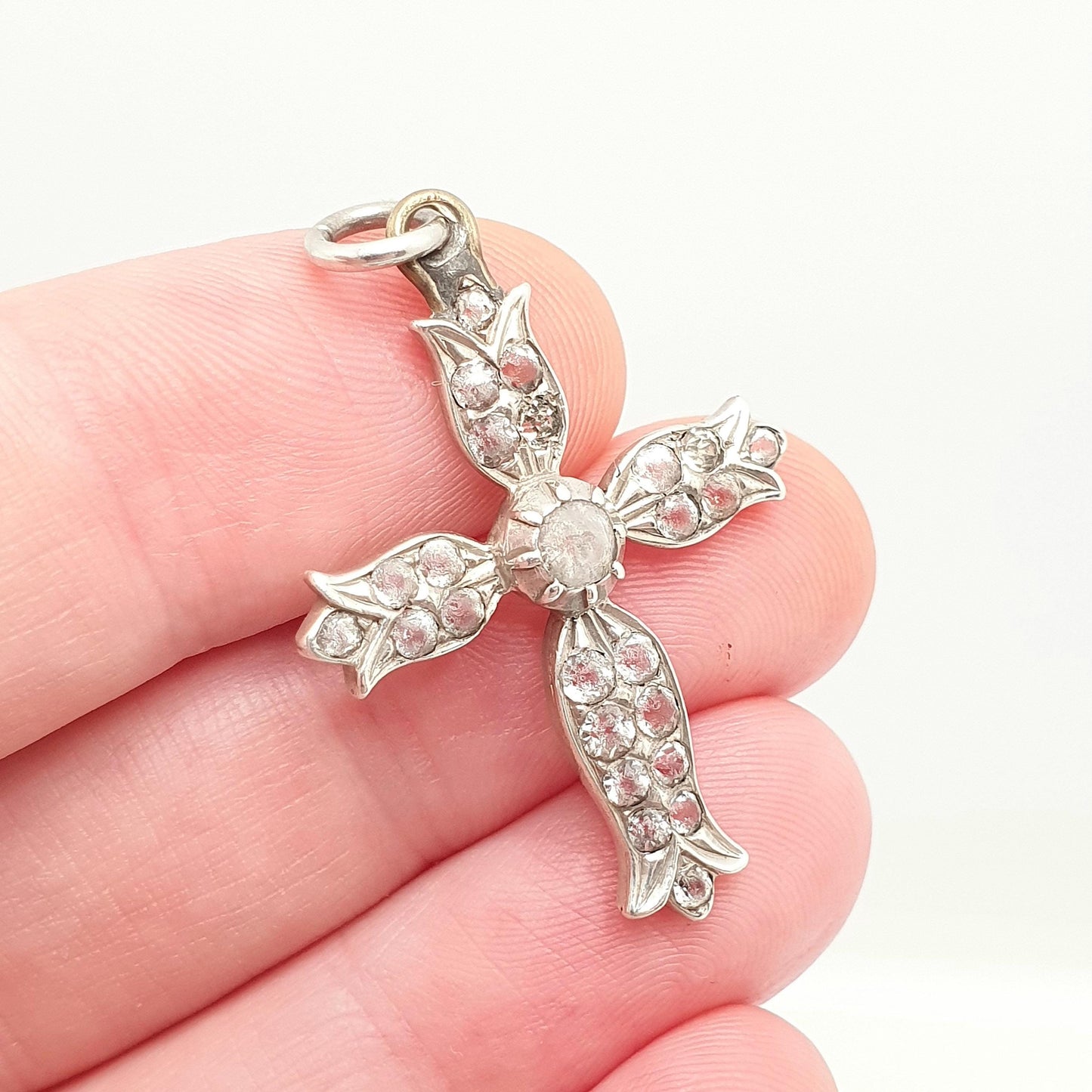 Antique Solid Silver Paste Crucifix Pendant Cross Necklace Jewelry Georgian Revival Christian Catholic Jewellery Jewelry