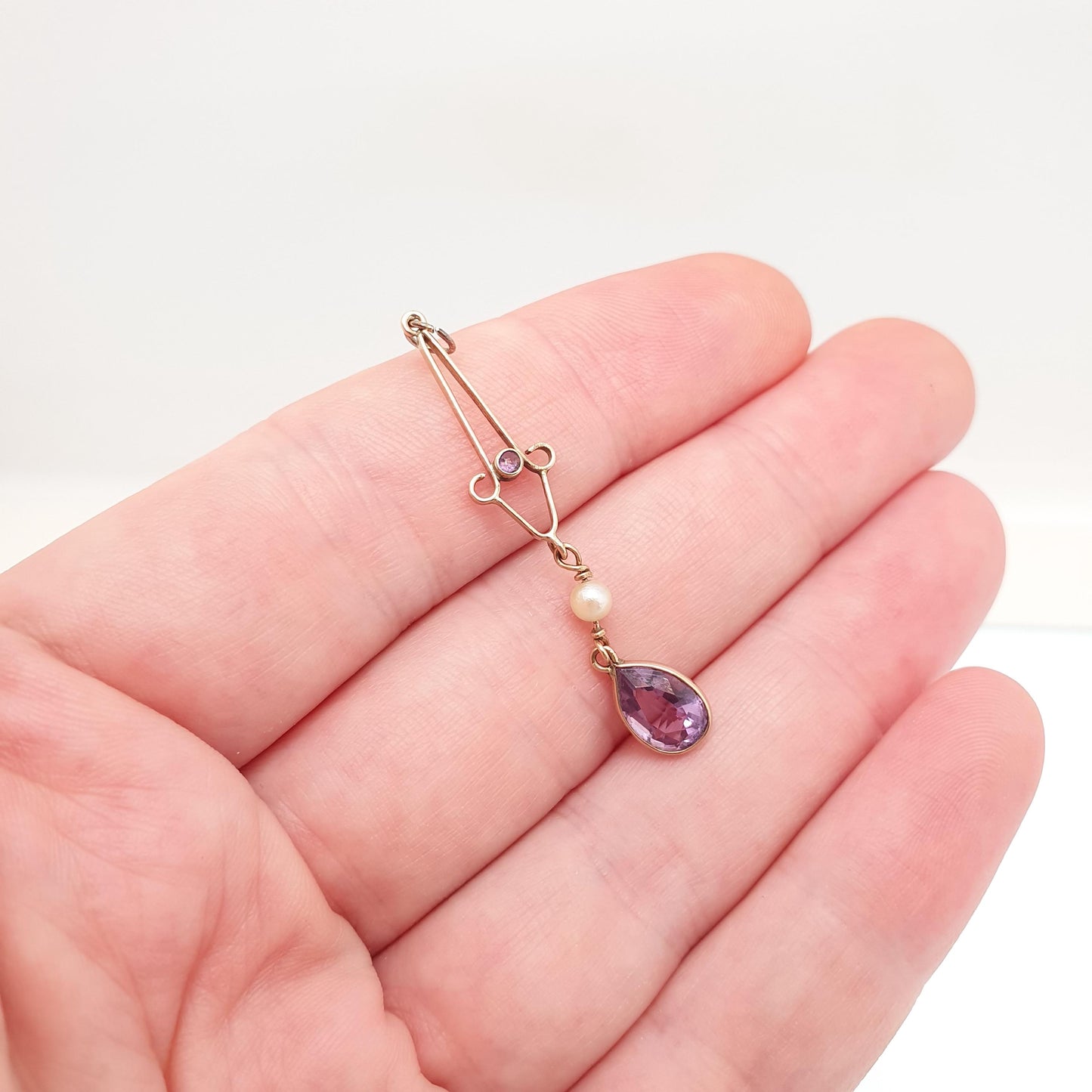 Antique 9ct Gold Amethyst Seed Pearl Pendant Necklace Brooch Edwardian Solid 9k 9kt Openwork Art Nouveau Vintage Jewellery Jewelry