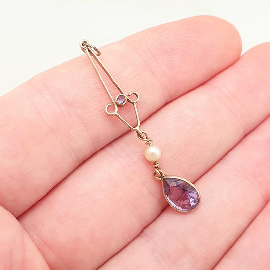 Antique 9ct Gold Amethyst Seed Pearl Pendant Necklace Brooch Edwardian Solid 9k 9kt Openwork Art Nouveau Vintage Jewellery Jewelry