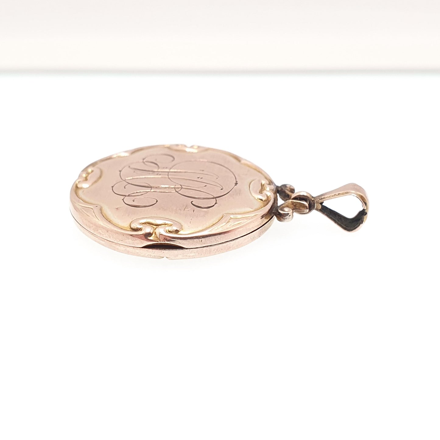 Antique 9ct Rose Gold Locket Engraved "MR" Initials Pendant Fine Estate Gift Back Front Necklace Jewelry Womens Jewellery