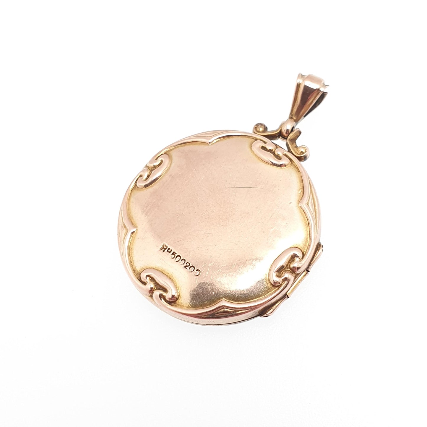 Antique 9ct Rose Gold Locket Engraved "MR" Initials Pendant Fine Estate Gift Back Front Necklace Jewelry Womens Jewellery