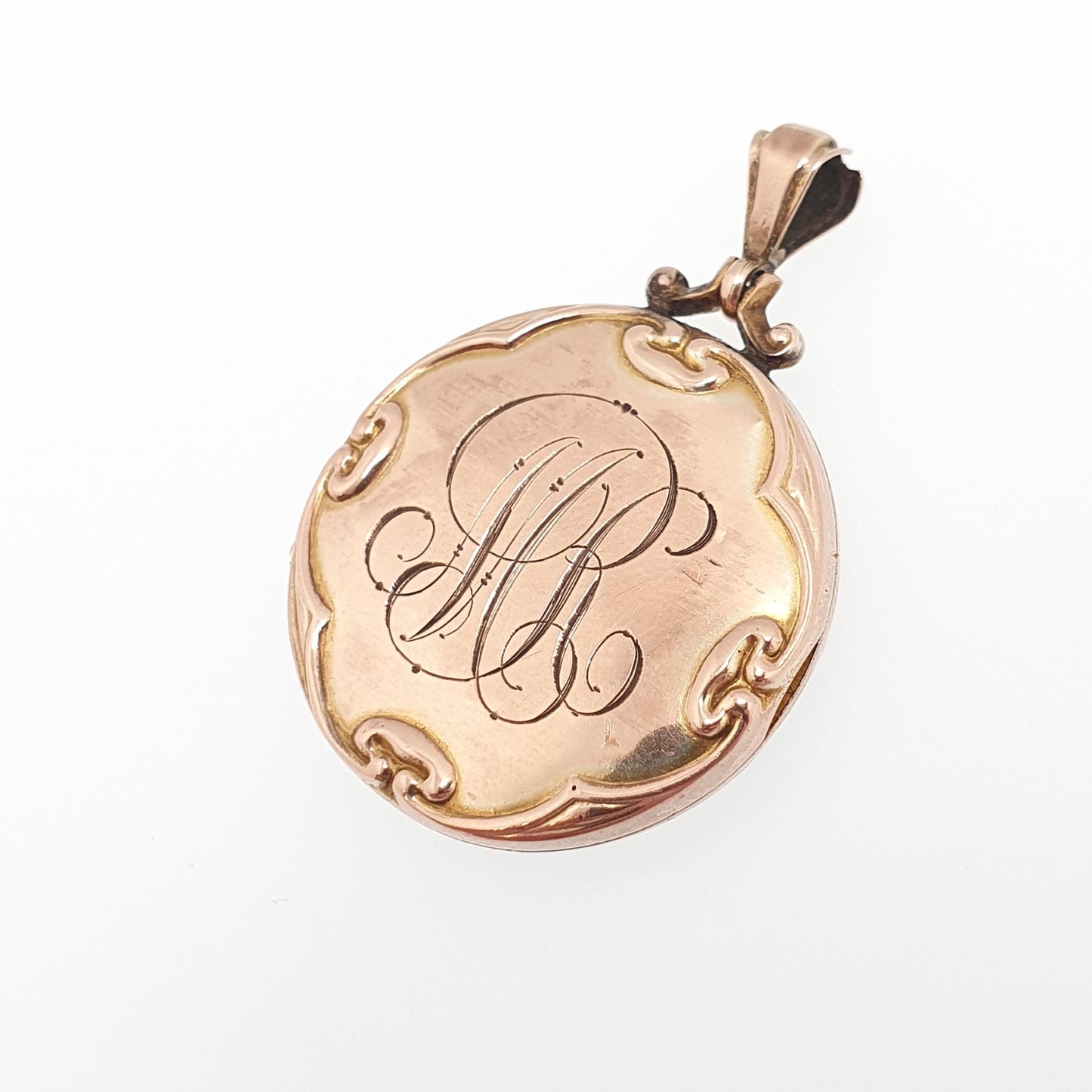 Antique 9ct Rose Gold Locket Engraved "MR" Initials Pendant Fine Estate Gift Back Front Necklace Jewelry Womens Jewellery