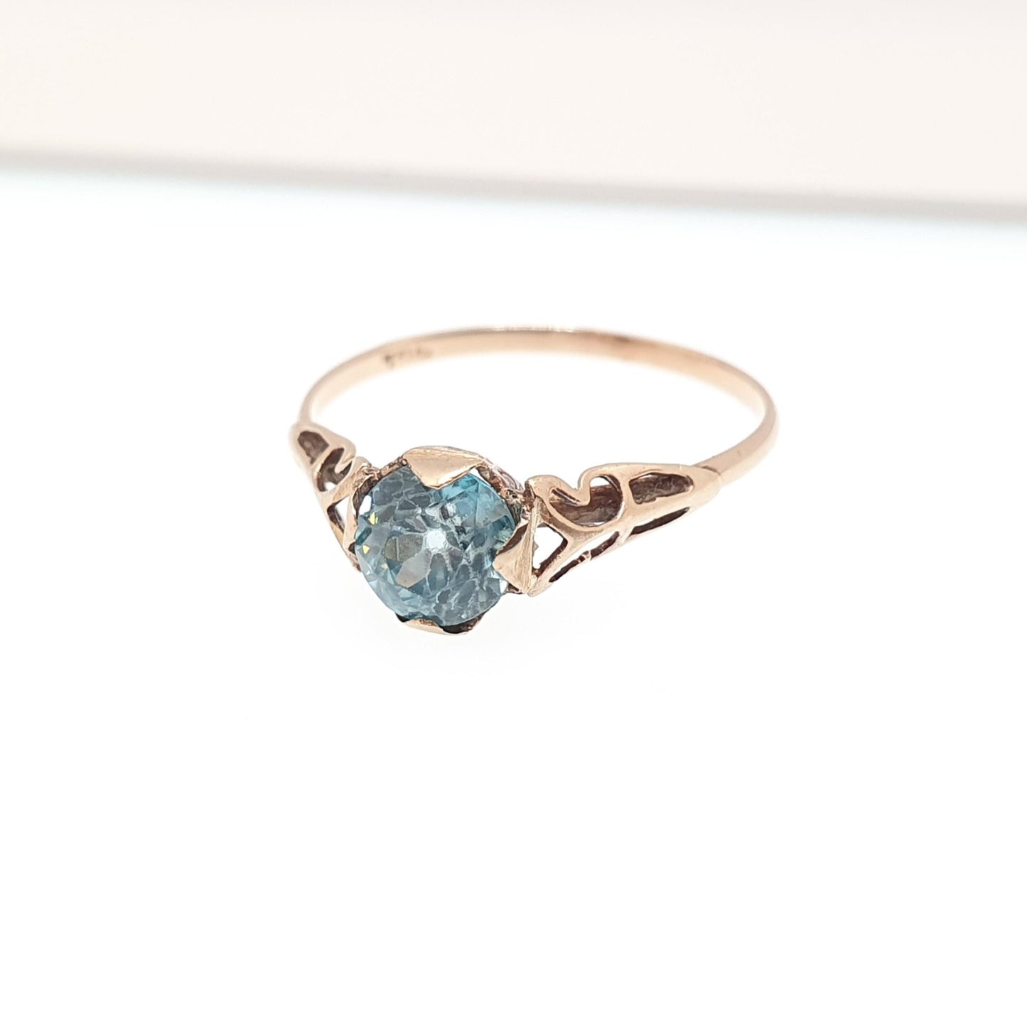 Antique 9ct Gold Blue Topaz Ring Solid 9k 9kt Rose Swiss Solitaire 1920s Vintage Womens Jewelry Jewellery