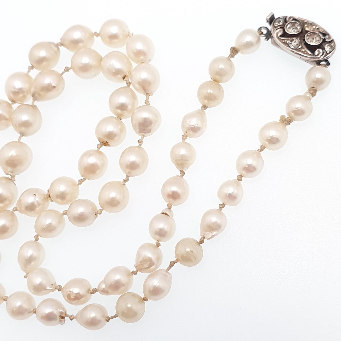 Antique Cultured Pearl Necklace Solid Silver Paste Clasp Art Deco 43cm 16.9" 17.80g Real Genuine Pearls Vintage 1920s Jewelry