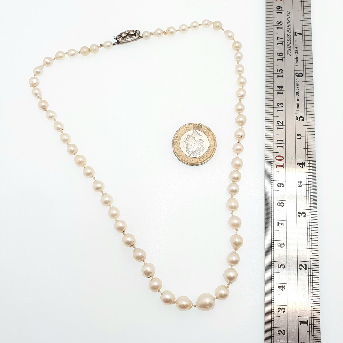 Antique Cultured Pearl Necklace Solid Silver Paste Clasp Art Deco 43cm 16.9" 17.80g Real Genuine Pearls Vintage 1920s Jewelry