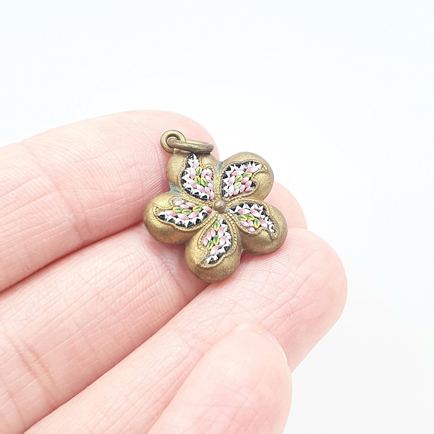 Antique Victorian Micromosaic Pendant Flower Swirl Star Spiral Micro Mosaic Tiles Gold Tone Base Metal Womens Jewelry Jewellery