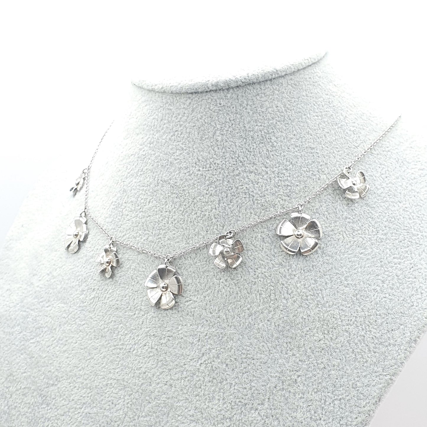 Antique Solid Silver Flower Necklace Art Deco Scandinavian Style Floral Pendants Chain Sweet 42cm 7.36g Dainty Womens Jewelry Jewellery