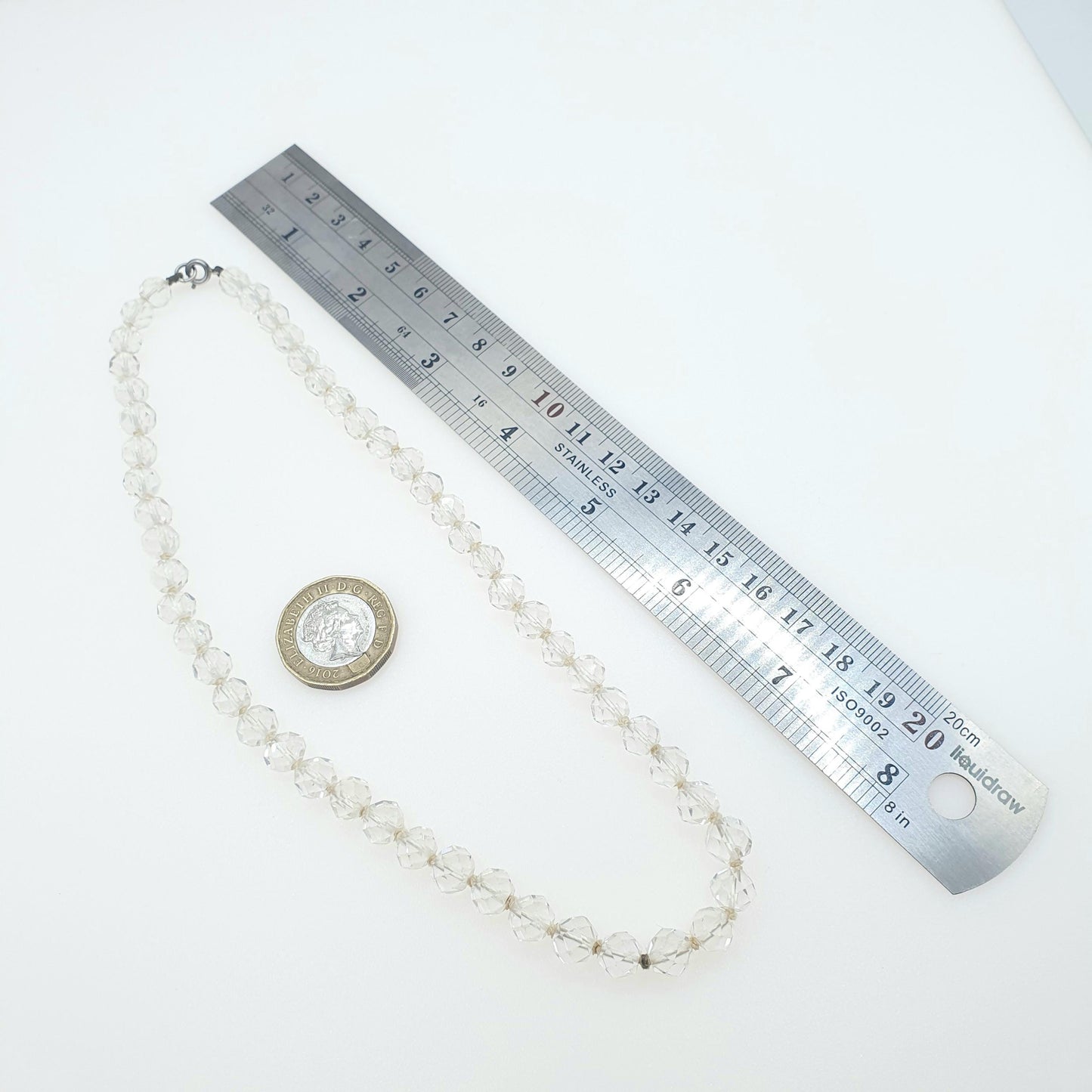 Antique Rock Crystal Bead Necklace Art Deco Sterling Silver Clasp Genuine White Quartz Gemstones 25.15g Faceted Beads Jewelry Jewellery