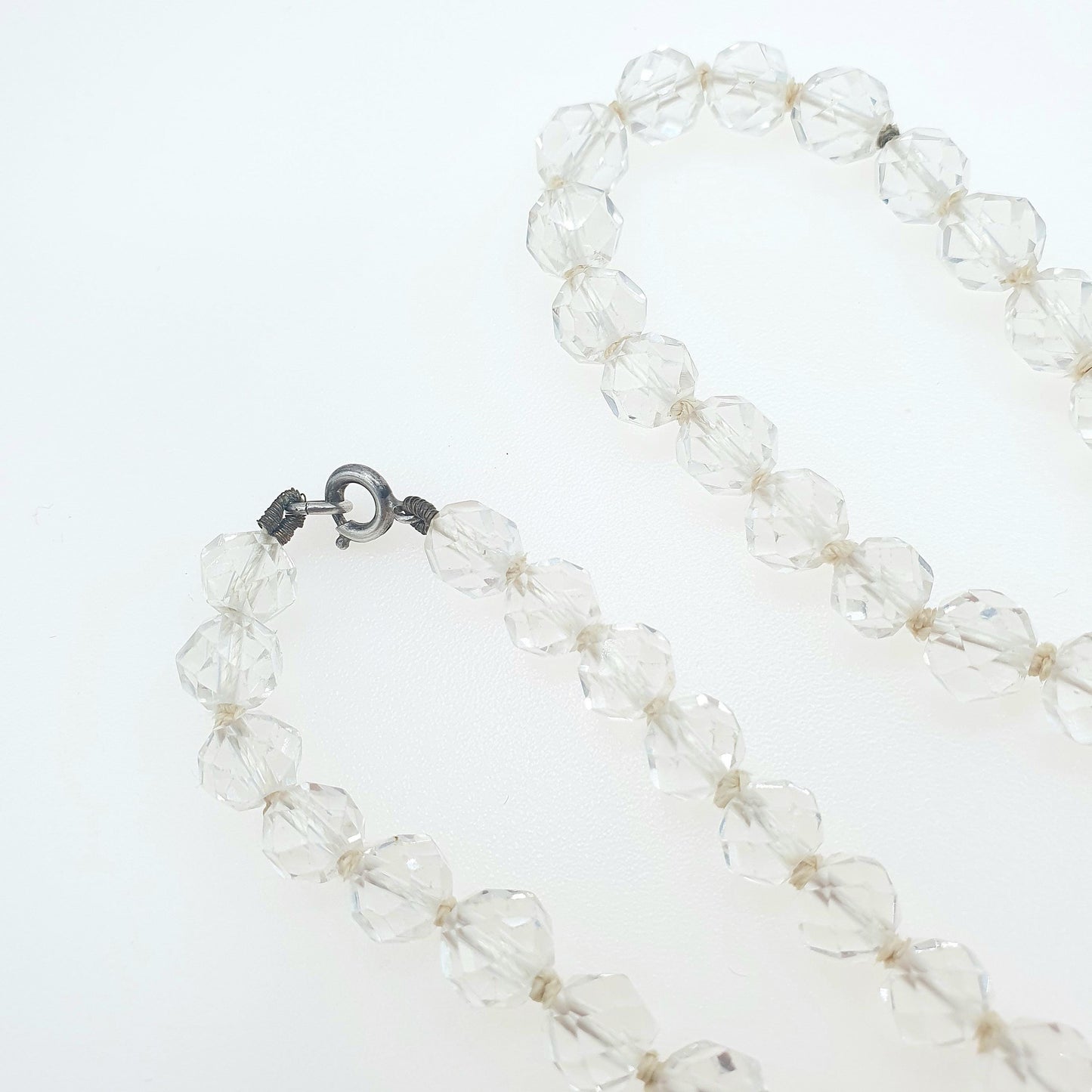 Antique Rock Crystal Bead Necklace Art Deco Sterling Silver Clasp Genuine White Quartz Gemstones 25.15g Faceted Beads Jewelry Jewellery