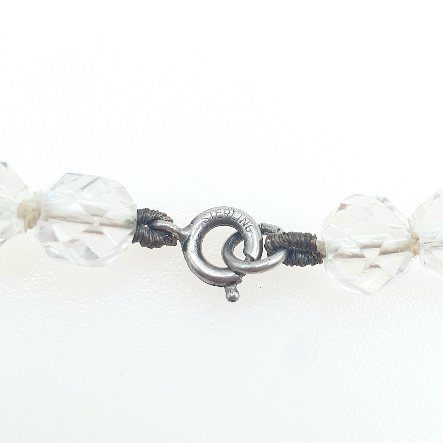 Antique Rock Crystal Bead Necklace Art Deco Sterling Silver Clasp Genuine White Quartz Gemstones 25.15g Faceted Beads Jewelry Jewellery