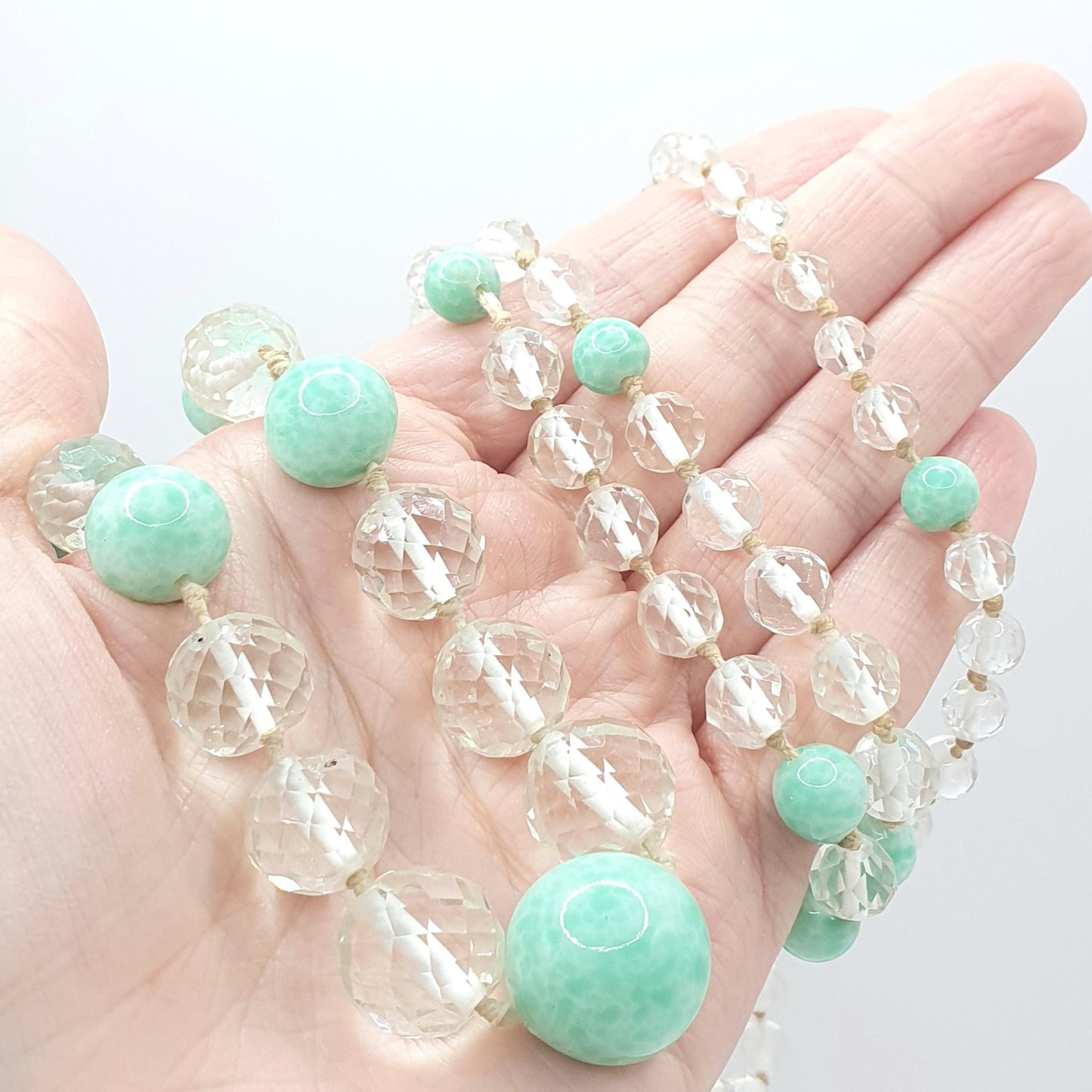 RESERVED/SOLD DON Antique Art Deco Peking Jade Glass Bead Necklace Cut Clear 125g Crystal Glass Very Long Faceted & Round Beads
