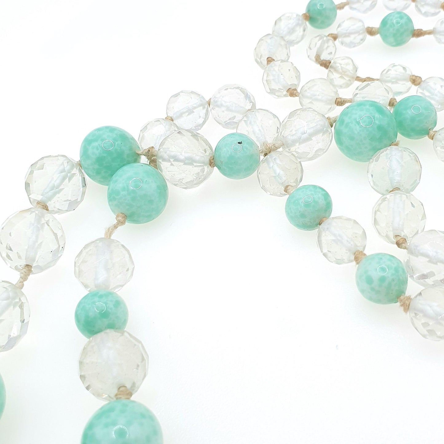RESERVED/SOLD DON Antique Art Deco Peking Jade Glass Bead Necklace Cut Clear 125g Crystal Glass Very Long Faceted & Round Beads