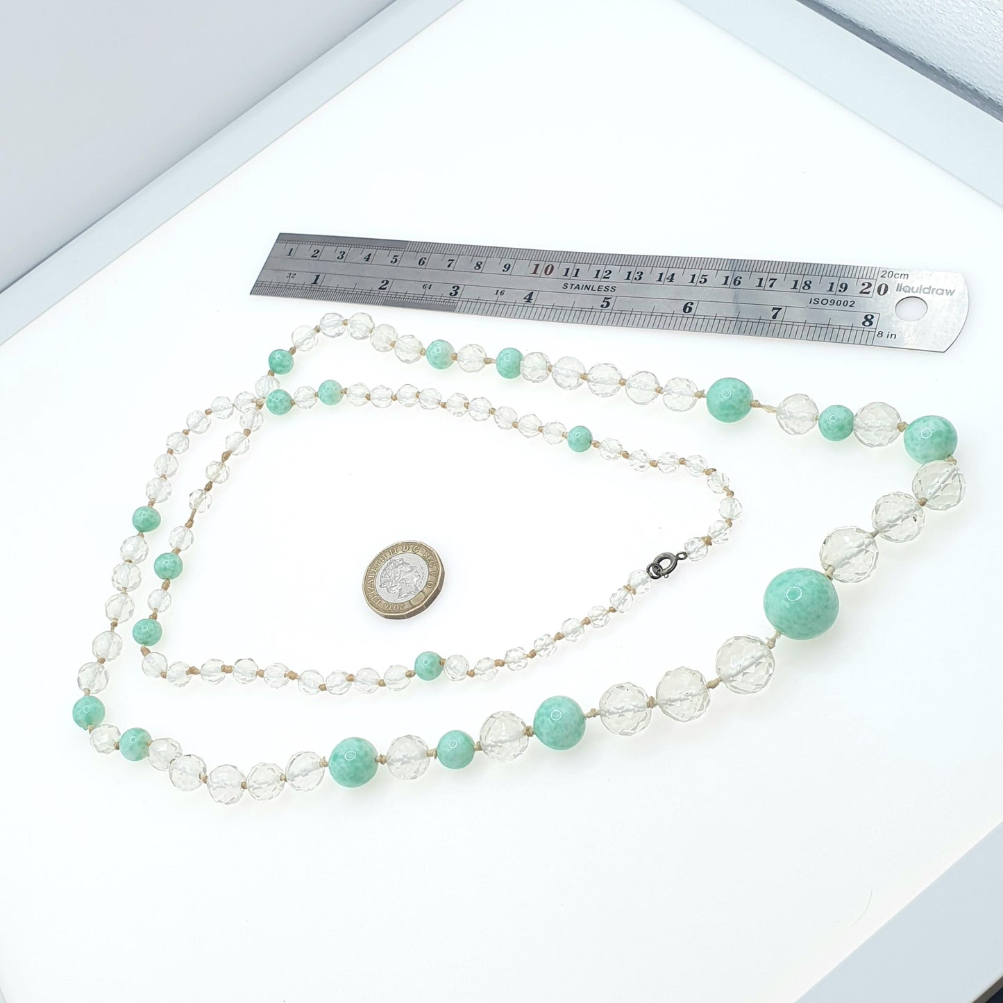 RESERVED/SOLD DON Antique Art Deco Peking Jade Glass Bead Necklace Cut Clear 125g Crystal Glass Very Long Faceted & Round Beads