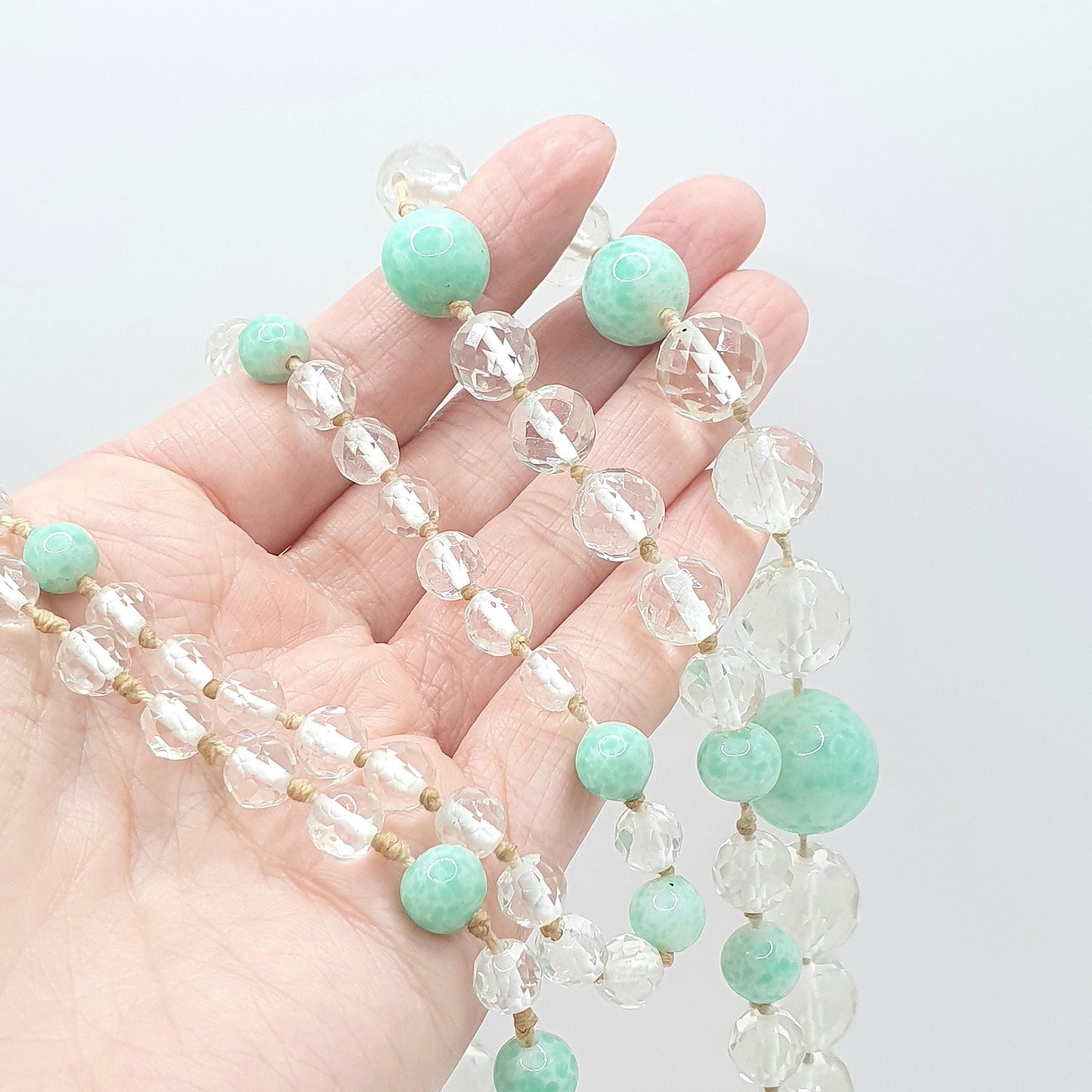 RESERVED/SOLD DON Antique Art Deco Peking Jade Glass Bead Necklace Cut Clear 125g Crystal Glass Very Long Faceted & Round Beads